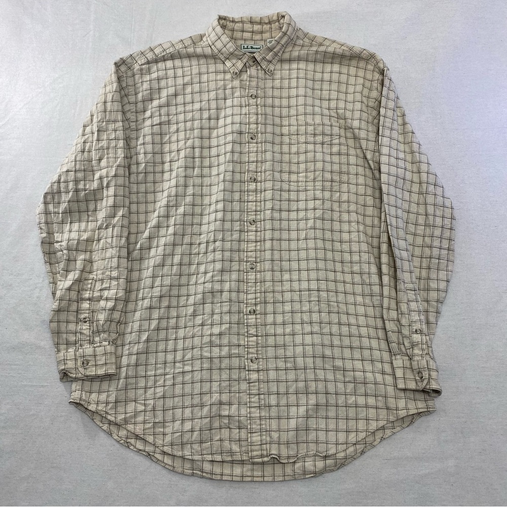 Vintage LL Bean Shirt Mens XL Tall Beige Linen Cotton Long Sleeve Plaid Y2k